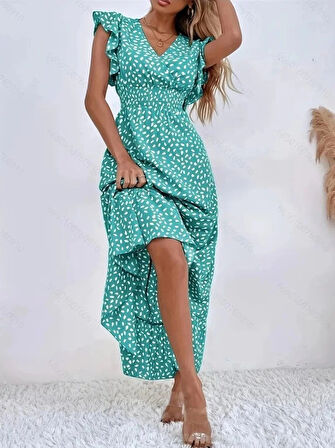 MDB Kadın Kısa Kollu Kruvaze Yaka Beli Lastikli çiçek Desenli Elbise