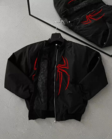 MDB Unisex Uzun Kol Örümcek Baskılı Bomber Ceket  iyah