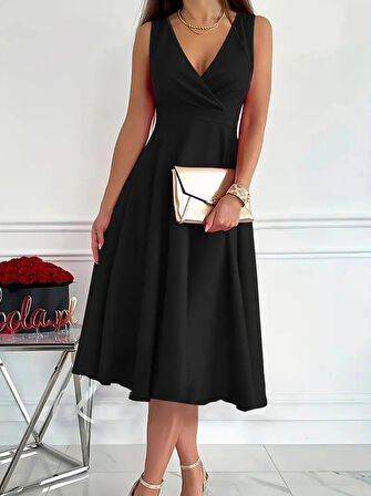 MDB Kadın Ithal Krep Kumaş Kruvaze Yaka Eteği Kloş Kolsuz Mini Elbise