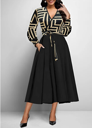 MDB Kadın Uzun Kollu Kruvaze Yaka Dalgıç Krep Midi Boy Elbise