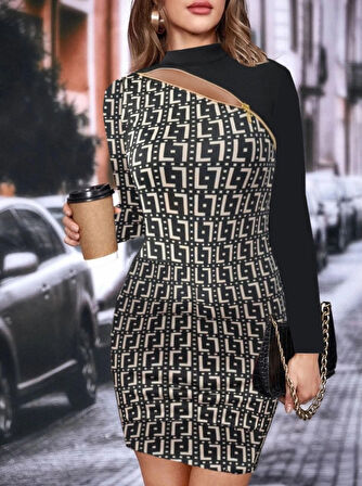 MDB Kadın Uzun Kollu Göğüste çapraz Fermuar Detay Dalgıç Mini Boy Elbise