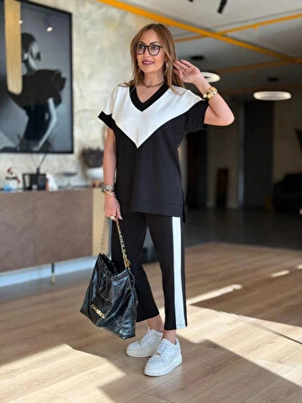 MDB Kadın Kısa Kollu V Yaka Siyah Beyaz Renkli Viskon Iki Iplik Kumaş Eşofman Takımı