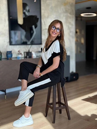 MDB Kadın Kısa Kollu V Yaka Siyah Beyaz Renkli Viskon Iki Iplik Kumaş Eşofman Takımı