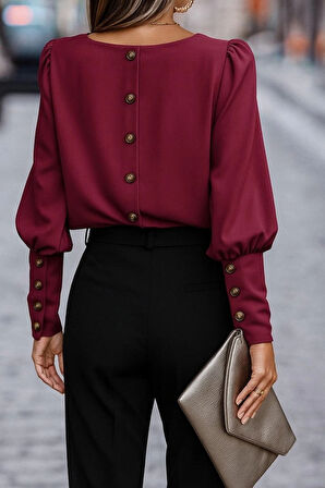 MDB Kadın Uzun Kollu Yuvarlak Yakalı Düğmeli Ithal Krep Bluz