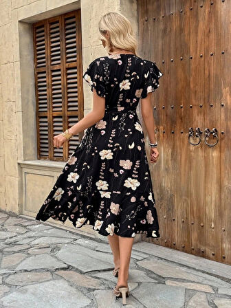 MDB Kadın Kısa Kelebek Kollu Kruvaze Yakalı Belden Kuşaklı Midi Süprem Elbise