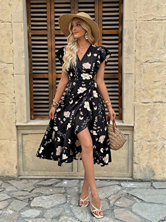 MDB Kadın Kısa Kelebek Kollu Kruvaze Yakalı Belden Kuşaklı Midi Süprem Elbise