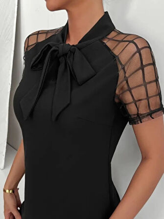 MDB Kadın Kısa Kollu Boyundan Bağlamalı Omuzlarda Tül Detaylı Janjan Krep Elbise