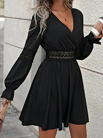 MDB Kadın Uzun Kollu Kruvaze Yakalı Dantelli Fermuar Detaylı Kısa Ithal Krep Elbise