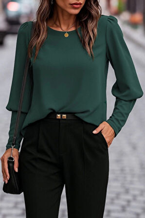 MDB Kadın Uzun Kollu Yuvarlak Yakalı Düğmeli Ithal Krep Bluz