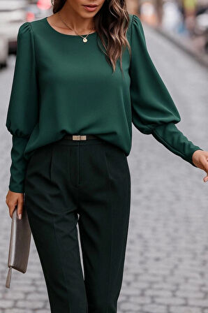 MDB Kadın Uzun Kollu Yuvarlak Yakalı Düğmeli Ithal Krep Bluz