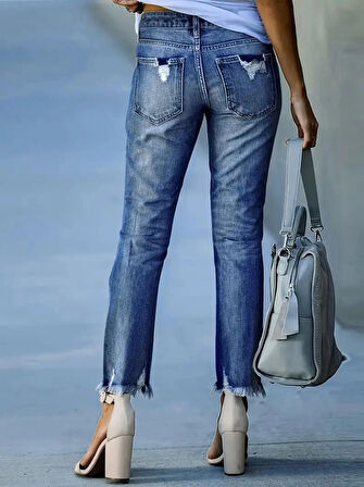MDB Kadın Dar Kesim Cepli önden Yırtık Desenli Denim Pantolon