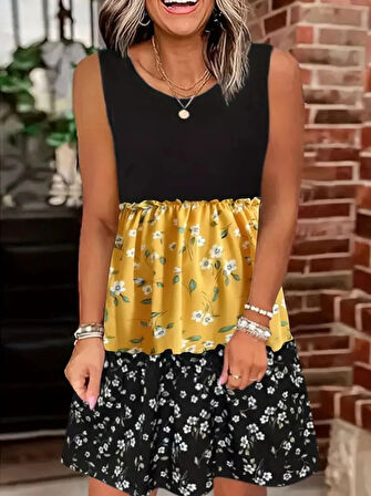 MDB Kadın Askılı Yuvarlak Yaka çiçek Baskılı Salaş Süprem Elbise