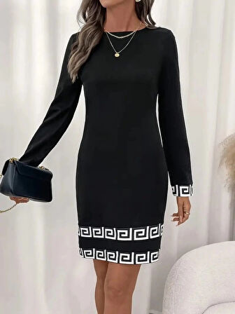 MDB Kadın Uzun Kollu Bisiklet Yaka Mini Ithal Krep Elbise