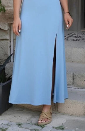 MDB Kadın Askılı V Yakalı Yırtmaçlı Uzun Viskon Elbise