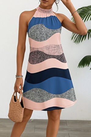 MDB Kadın Kolsuz Boyundan Askılı Desenli Midi Süprem Elbise