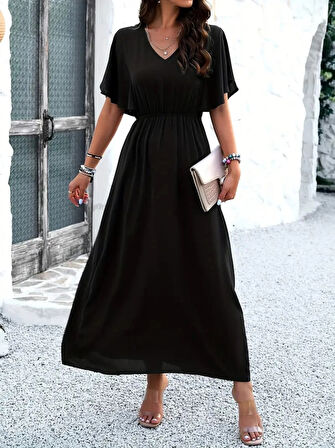 MDB Kadın Kısa Kollu V Yakalı Beli Lastikli Uzun Viskon Elbise