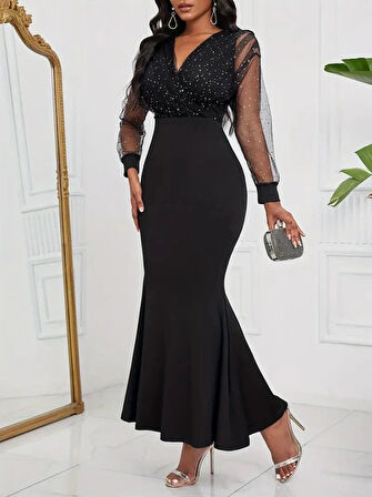 MDB Kadın Uzun Kollu Kruvaze Yakalı Taş Ve Tül Detaylı Uzun Ithal Krep Elbise