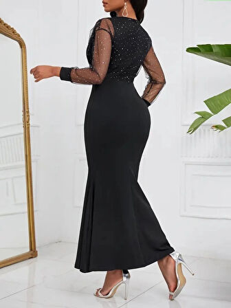 MDB Kadın Uzun Kollu Kruvaze Yakalı Taş Ve Tül Detaylı Uzun Ithal Krep Elbise