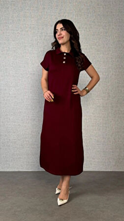 MDB Kadın Kısa Kollu Yakalı Yandan Yırtmaçlı Viskon Iki Iplik Elbise