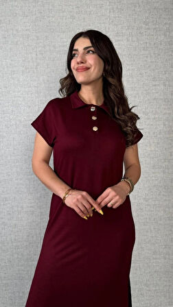 MDB Kadın Kısa Kollu Yakalı Yandan Yırtmaçlı Viskon Iki Iplik Elbise