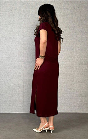 MDB Kadın Kısa Kollu Yakalı Yandan Yırtmaçlı Viskon Iki Iplik Elbise