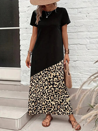 MDB Kadın Kısa Kollu Bisiklet Yaka Leopar Detaylı Midi üst Viskon Alt Süprem Elbise