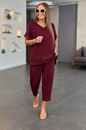 MDB Kadın Kısa Kollu V Yakalı Pul Payetli Viskon Iki Iplik Bluz Ve Pantolon Ikili Takım