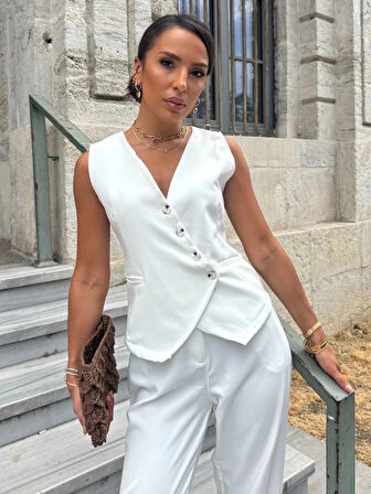 MDB Kadın Sıfır Kollu çapraz V Yakalı önden Düğmeli Atlas Yelek Ve Pantolon Ikili Takım