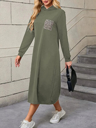 MDB Kadın Uzun Kollu Kapşonlu Cep Detaylı Viskon Iki Iplik Maxi Elbise