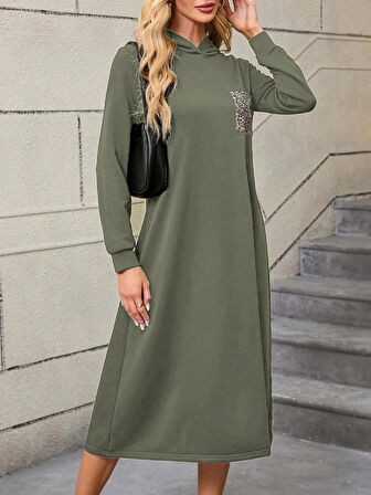 MDB Kadın Uzun Kollu Kapşonlu Cep Detaylı Viskon Iki Iplik Maxi Elbise