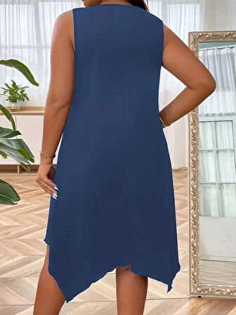 MDB Kadın Askılı Yuvarlak Yaka Kuş Gözü Detaylı Asimetrik Viskon Elbise