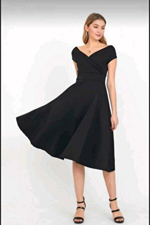 MDB Kadın Kısa Kollu Kruvaze Yaka Eteği Volanlı Krep Elbise