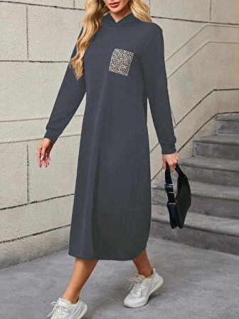 MDB Kadın Uzun Kollu Kapşonlu Cep Detaylı Viskon Iki Iplik Maxi Elbise