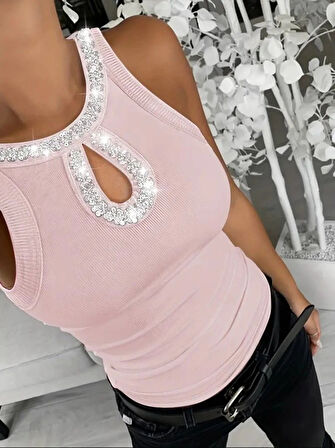 MDB Kadın Halter Kollu Yuvarlak Taşlı Yaka Damla Detaylı Kaşkorse Bluz