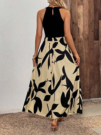 MDB Kadın Sıfır Kollu Yakadan şeritli Omuzlardan Açık Janjan Krep Desenli Al Dalgıç Maxi Elbise