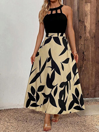 MDB Kadın Sıfır Kollu Yakadan şeritli Omuzlardan Açık Janjan Krep Desenli Al Dalgıç Maxi Elbise