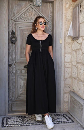 MDB Kadın Kısa Kollu Yuvarlak Yaka önden Yırtmaçlı Cepli Viskon Uzun Elbise