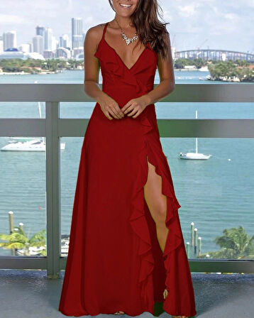 MDB Kadın Ip Askılı Dekolteli Yırtmaç Detay Krep Elbise