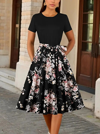 MDB Kadın Kısa Kollu Bisiklet Yaka çiçek Desenli üst Viskon Alt Süprem Kısa Elbise