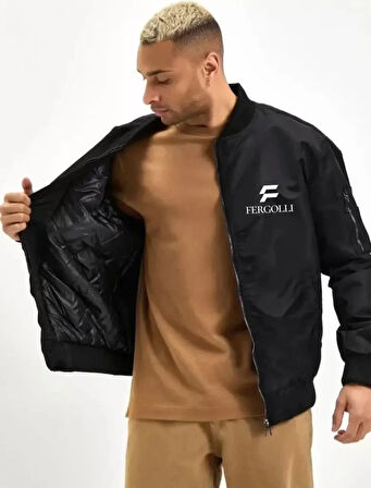 MDB Unisex Uzun Kol Baskılı Bomber Ceket  iyah