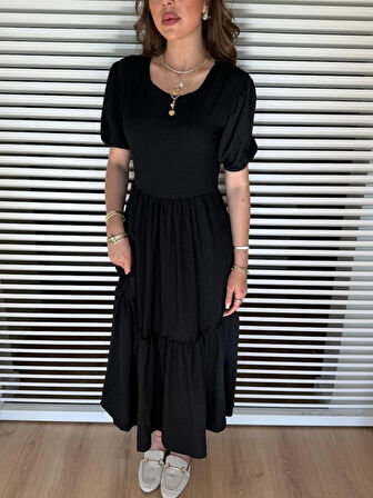 MDB Kadın Kısa Kollu Yakası Açık Katlı Bürümcük Balon Elbise