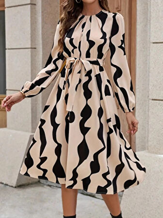 MDB Kadın Uzun Kollu Bisiklet Yaka Belden Bağlamalı Desenli Belden Kuşaklı Mikro Süprem Midi Elbise