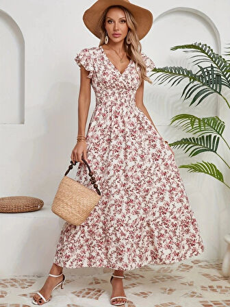 MDB Kadın Kısa Kollu Kruvaze Yaka Beli Lastikli çiçek Desenli Elbise