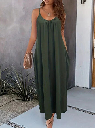 MDB Kadın Ip Askılı Geniş V Yakalı Viskon Elbise