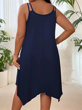 MDB Kadın Askılı Yuvarlak Asimetrik Kesim Detaylı Viskon Elbise