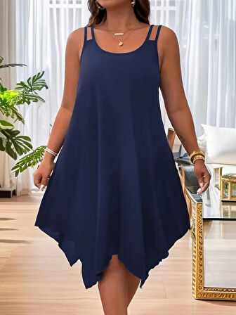 MDB Kadın Askılı Yuvarlak Asimetrik Kesim Detaylı Viskon Elbise