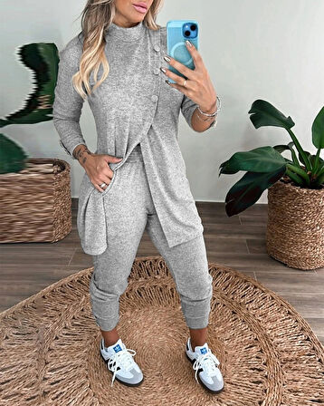 MDB Kadın Uzun Kollu Balıkçı Yaka önden Düğmeli Bluz Ve Pantolon Yumoş Ikili Takım