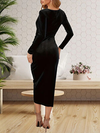 MDB Kadın Uzun Kollu Kruvaze Yaka Belden Büzgü Detay Midi Kadife Elbise