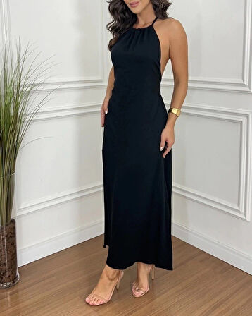 MDB Kadın Boyundan Askılı Halter Kollu Viskon Elbise