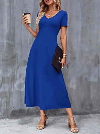 MDB Kadın Kısa Kollu V Yakalı Cepli Viskon Elbise